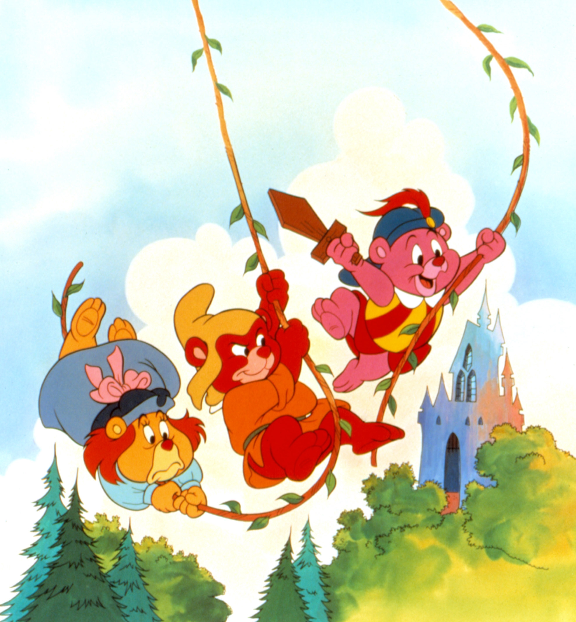 Three animated bears, resembling adventurous characters, swing on vines near a castle