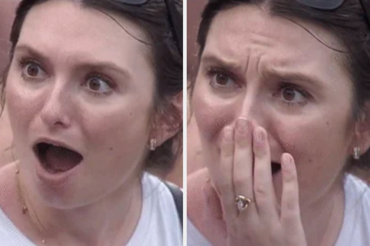 Person displaying shock and surprise with an open mouth in one image and covering mouth with a hand in another, conveying a strong emotional reaction