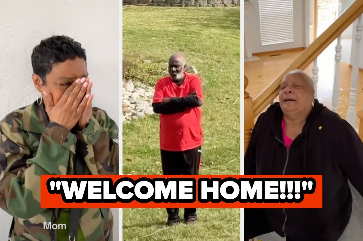 Three people react emotionally in a collage format. Top text reads, "WELCOME HOME!!!"