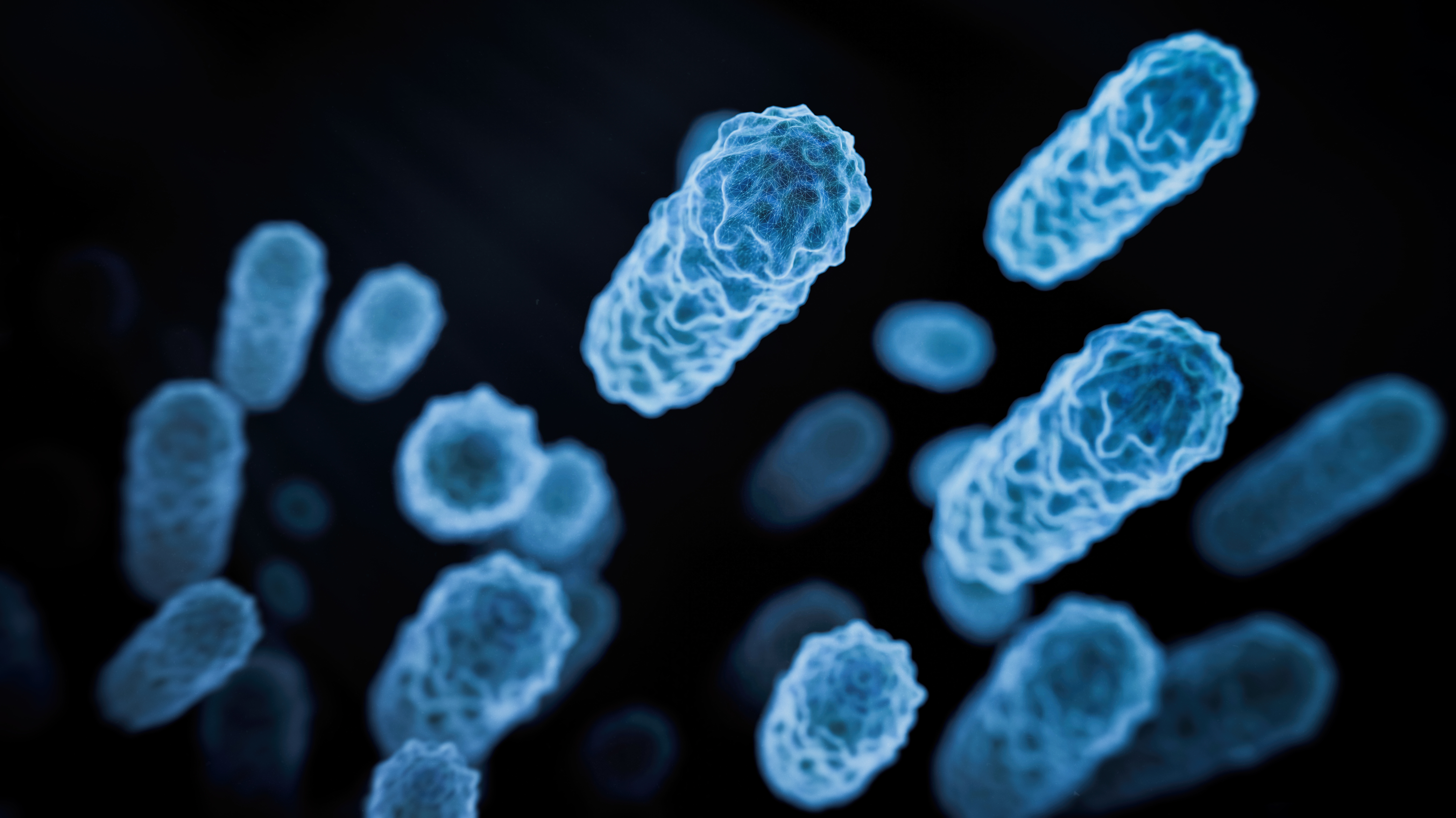 Microscopic view of bacteria floating, showing detailed cell structures and textured surfaces