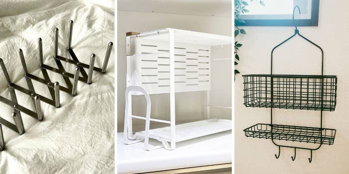 左から、折りたたみ式のラック、白い収納ラック、2段の黒いワイヤーバスケットラック。