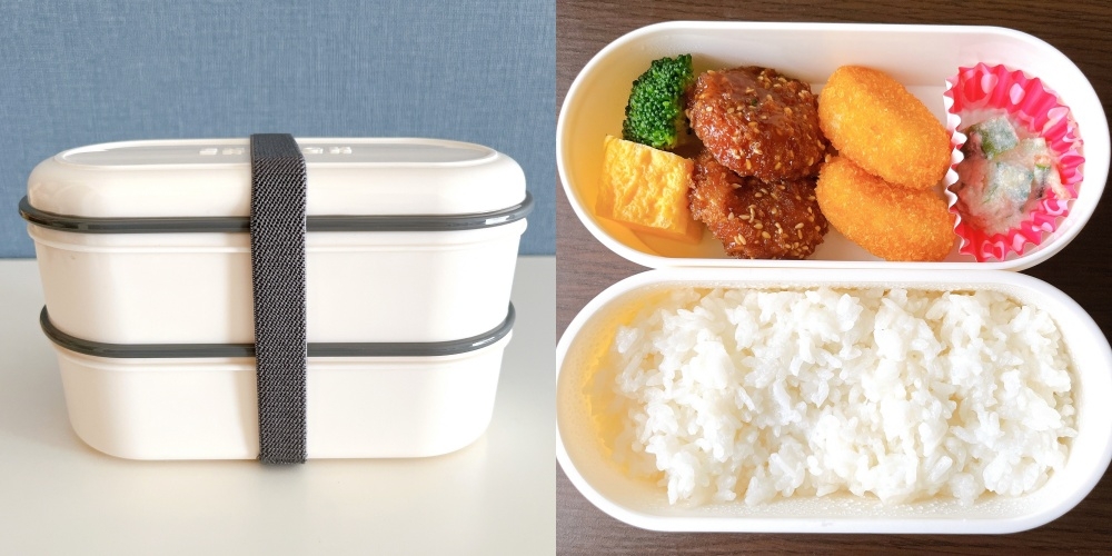 弁当箱の中身：ご飯、ブロッコリー、卵焼き、唐揚げ、コロッケ、デザート。