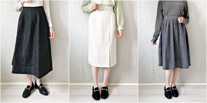 3人の女性が異なるスタイルのスカートとローファーを履いて立っている。カジュアルでエレガントなファッション。