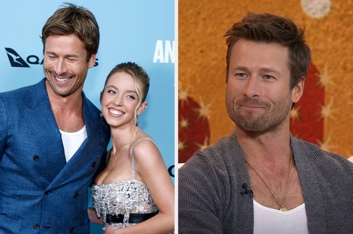 Left: Glen Powell and Sydney Sweeney smiling at an event. Right: Glen on a talk show