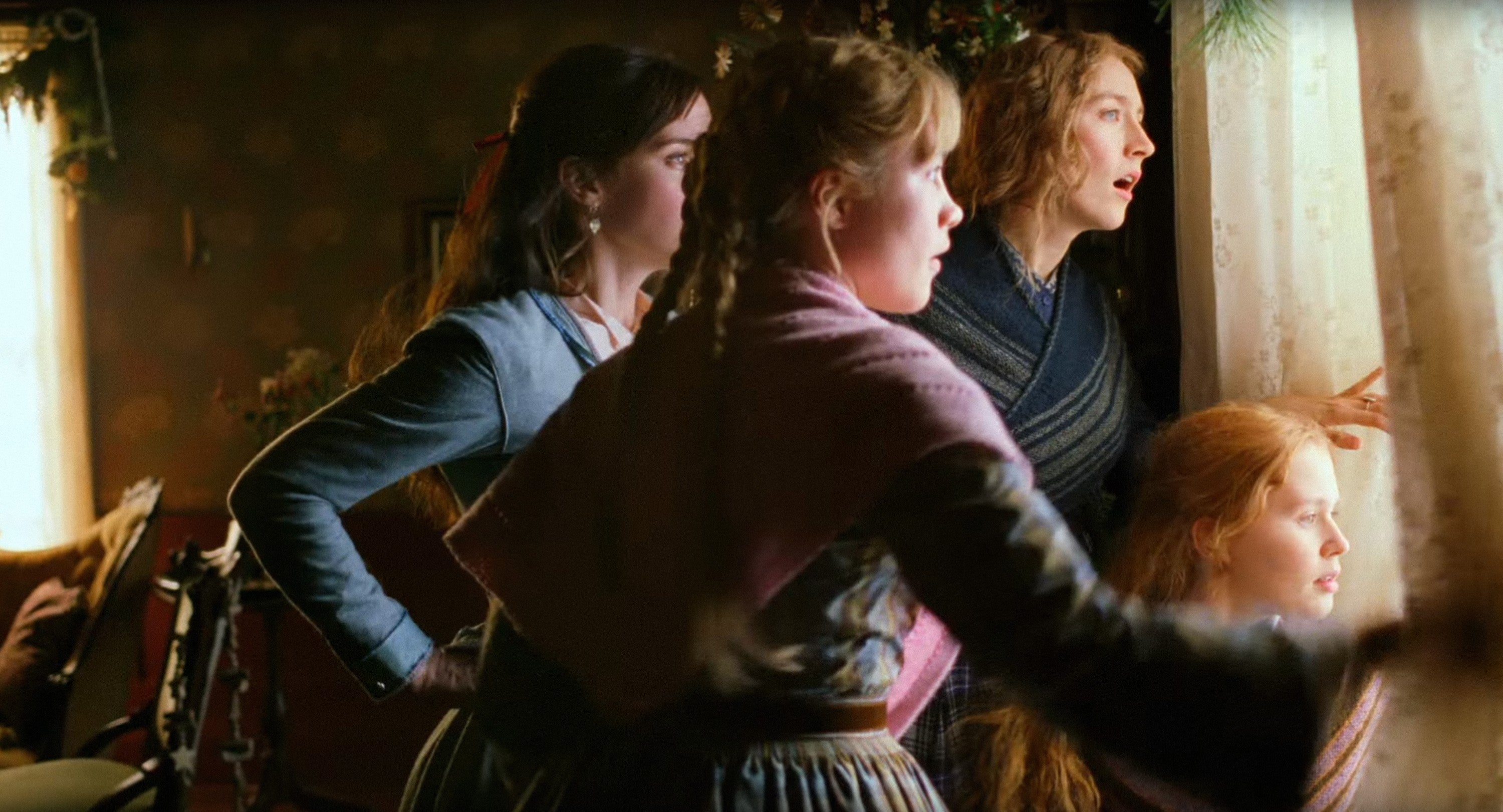 Main cast of Greta Gerwig's 2019 "Little Women" looking out a window