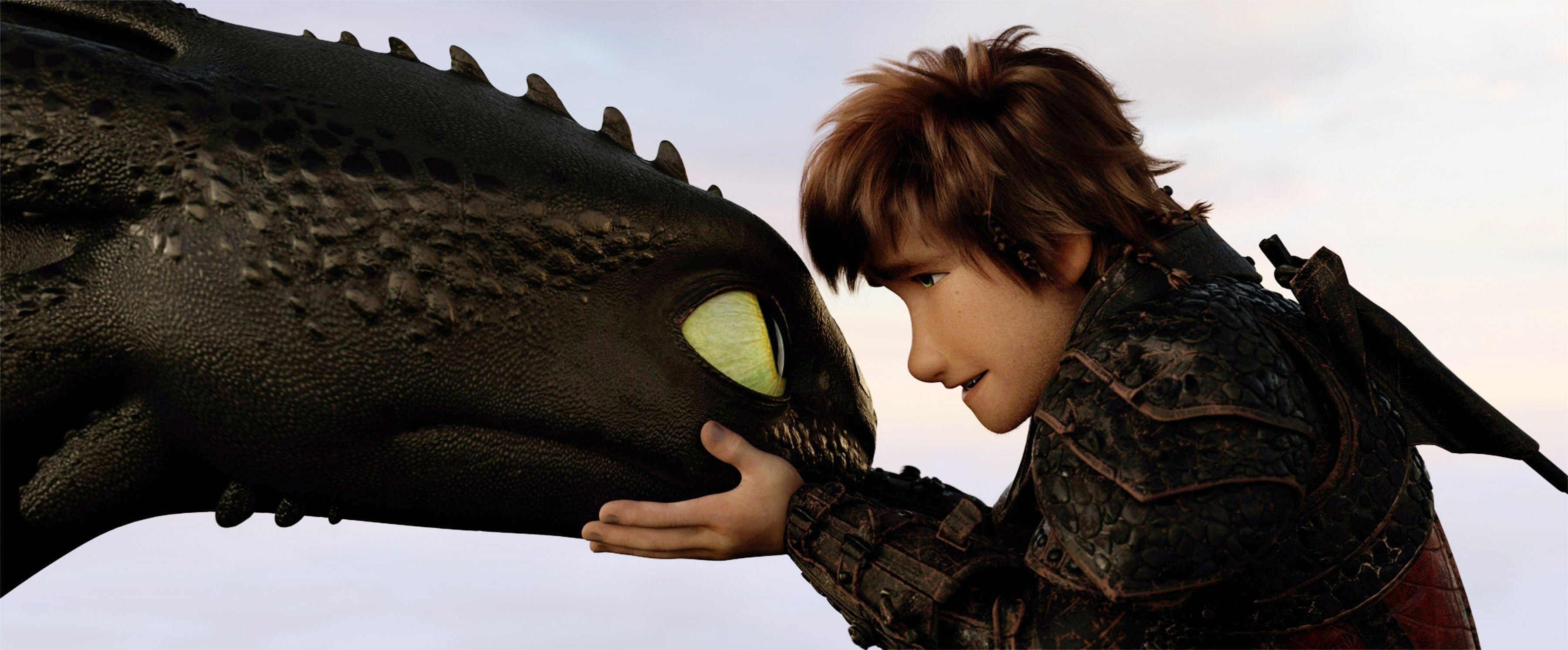 Hiccup and Toothless embracing in "How To Train Your Dragon"