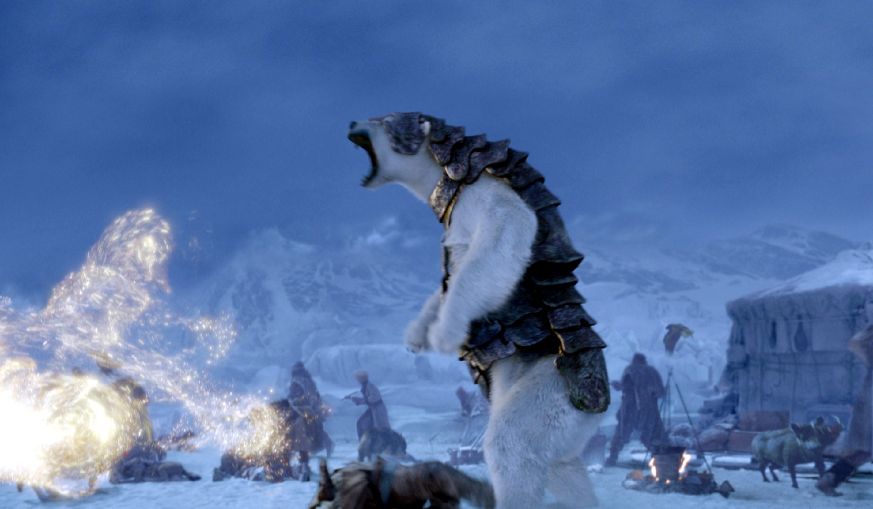 Armored polar bear roars in a snowy battle scene, with a glowing explosion and warriors in the background in "The Golden Compass"