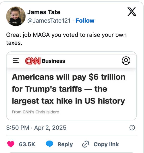 Tweet criticizing MAGA supporters for voting for a $6 trillion tax increase due to Trump's tariffs, described as the largest in US history