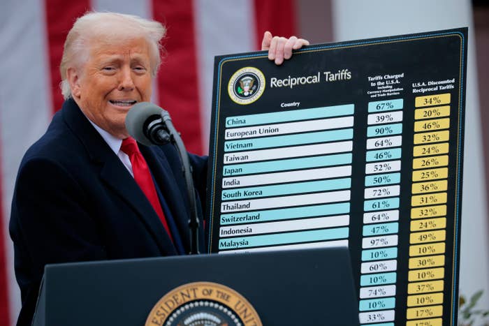 Person holding a chart titled "Reciprocal Tariffs" with percentages for various countries, speaking at a podium with a presidential seal