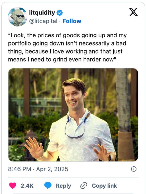 Tweet of a man with sunglasses around his neck, gesturing and smiling. Text discusses prices rising and working harder