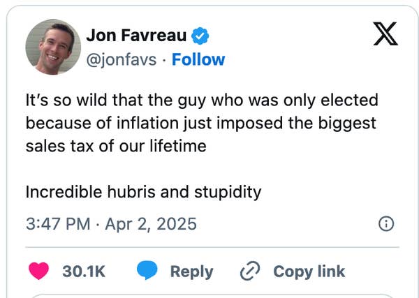 Tweet by Jon Favreau criticizing a politician for imposing a large sales tax despite being elected due to inflation concerns