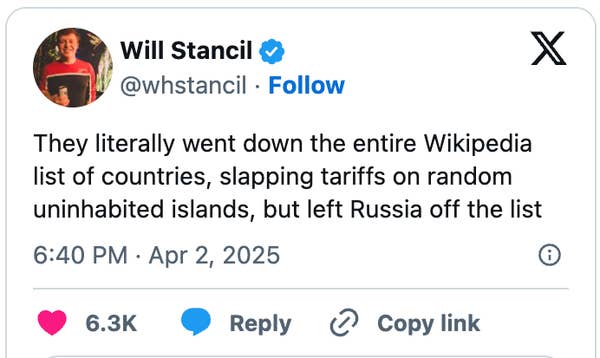 Tweet jokingly mentions tariffs on uninhabited islands instead of targeting Russia