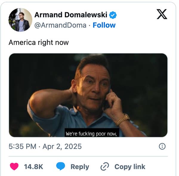 Tweet by Armand Domalewski shows a scene with a person on the phone saying, "We're fucking poor now."