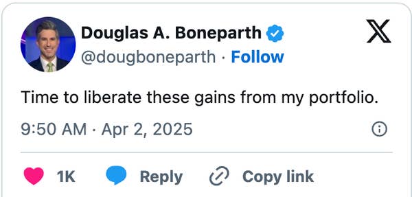 Tweet by Douglas A. Boneparth: "Time to liberate these gains from my portfolio." April 2, 2025