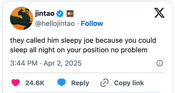 Tweet joking about "Sleepy Joe," suggesting he provides comfort for sleeping well, dated April 2, 2025, with 24.6K likes