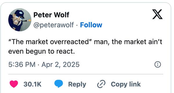 Screenshot of a social media post by Peter Wolf saying, "'The market overreacted' man, the market ain't even begun to react."