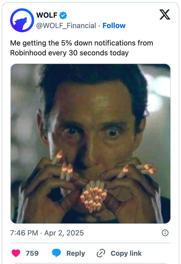 A man intensely lights multiple cigarettes at once, humorously depicting being overwhelmed by frequent stock notifications. Text references Robinhood alerts