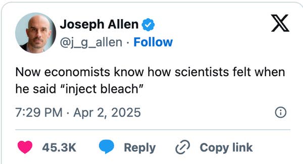 Tweet by Joseph Allen joking about economists feeling like scientists when someone suggested injecting bleach