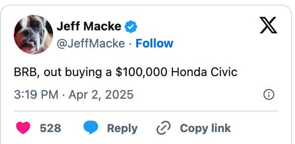 Tweet joking about buying a $100,000 Honda Civic