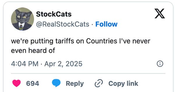 Social media post by StockCats joking about imposing tariffs on unfamiliar countries
