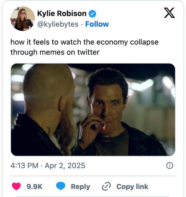 A tweet by Kylie Robison states: "how it feels to watch the economy collapse through memes on twitter," with an image of a person eating