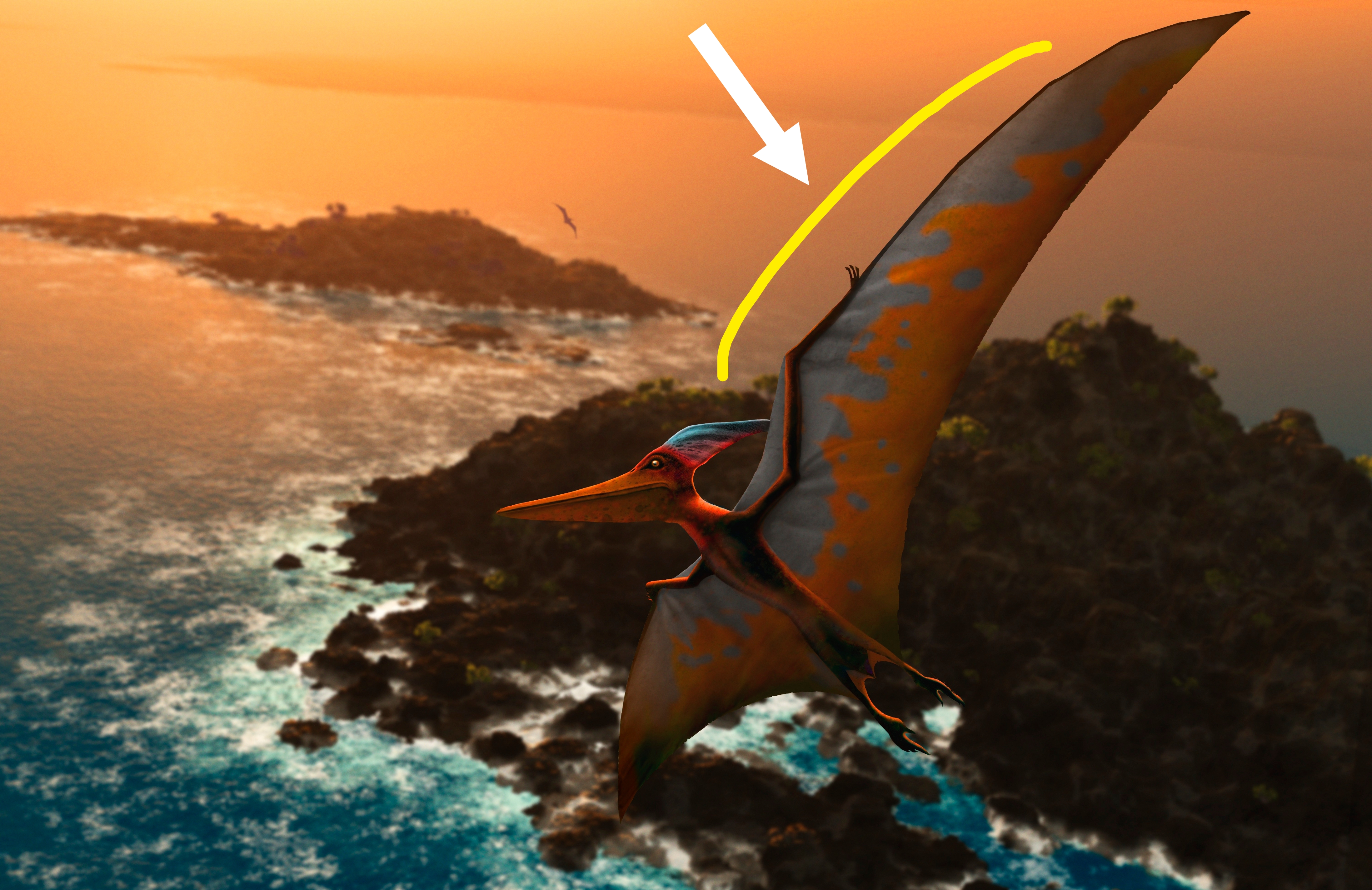 A pterosaur glides over an ocean with island views at sunset in a prehistoric-themed illustration