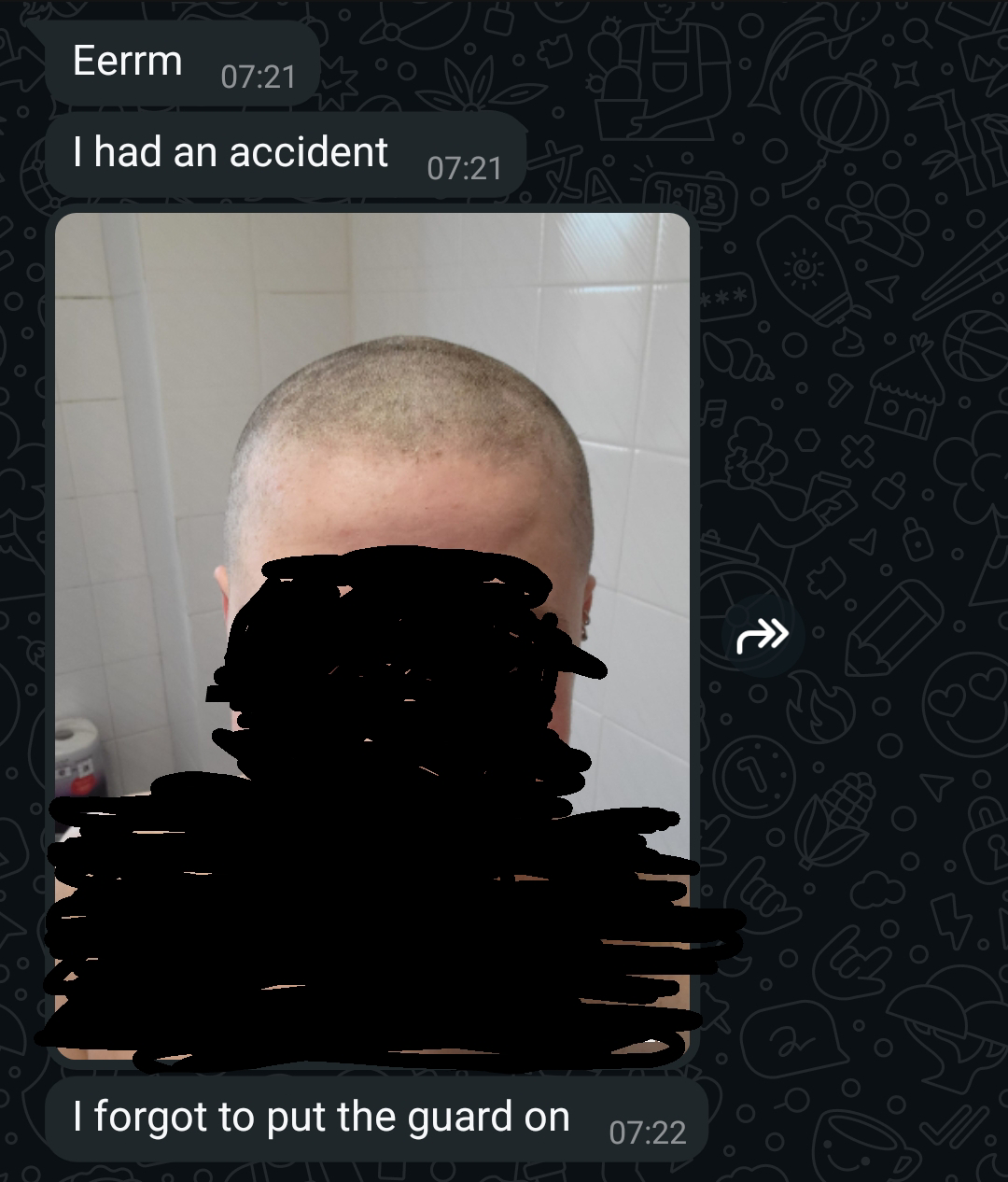 Text conversation with one person sharing an image of their shaved head, saying they forgot to use a guard when cutting their hair