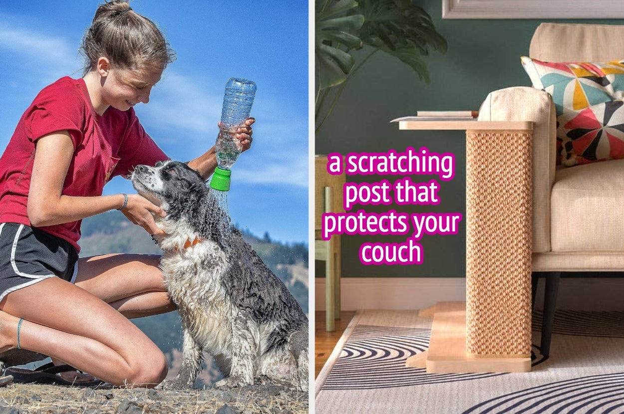 Left: person uses a portable attachment to shower a dog using a water bottle outside. Right: a scratching post protecting a couch