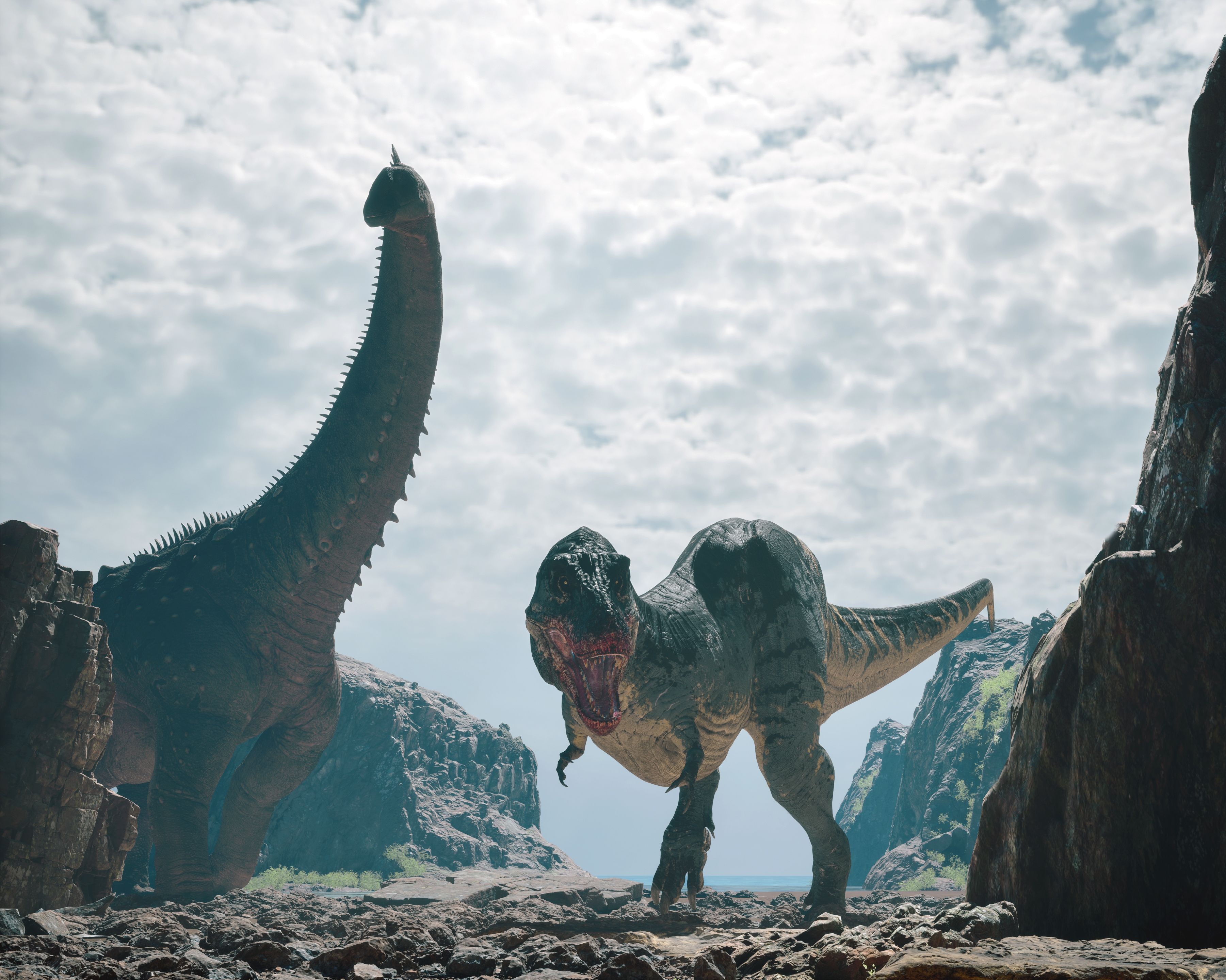 Two realistic-looking dinosaurs, a tall sauropod and a T. rex, are standing in a rocky landscape under a cloudy sky