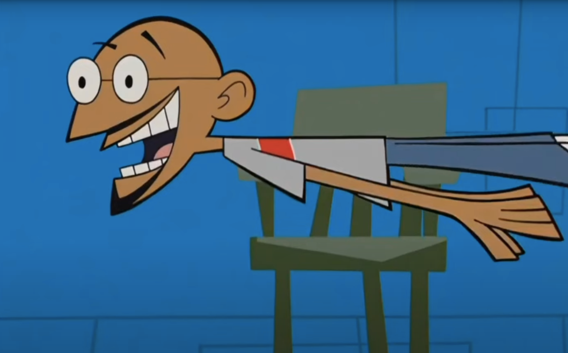Animated character with exaggerated features, wearing a short-sleeved shirt, joyfully leaning forward next to a chair