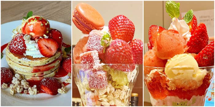 パンケーキ、一皿にドライベリーをトッピング。マカロンとベリーの盛り合わせ。苺とアイスクリームのパフェ。