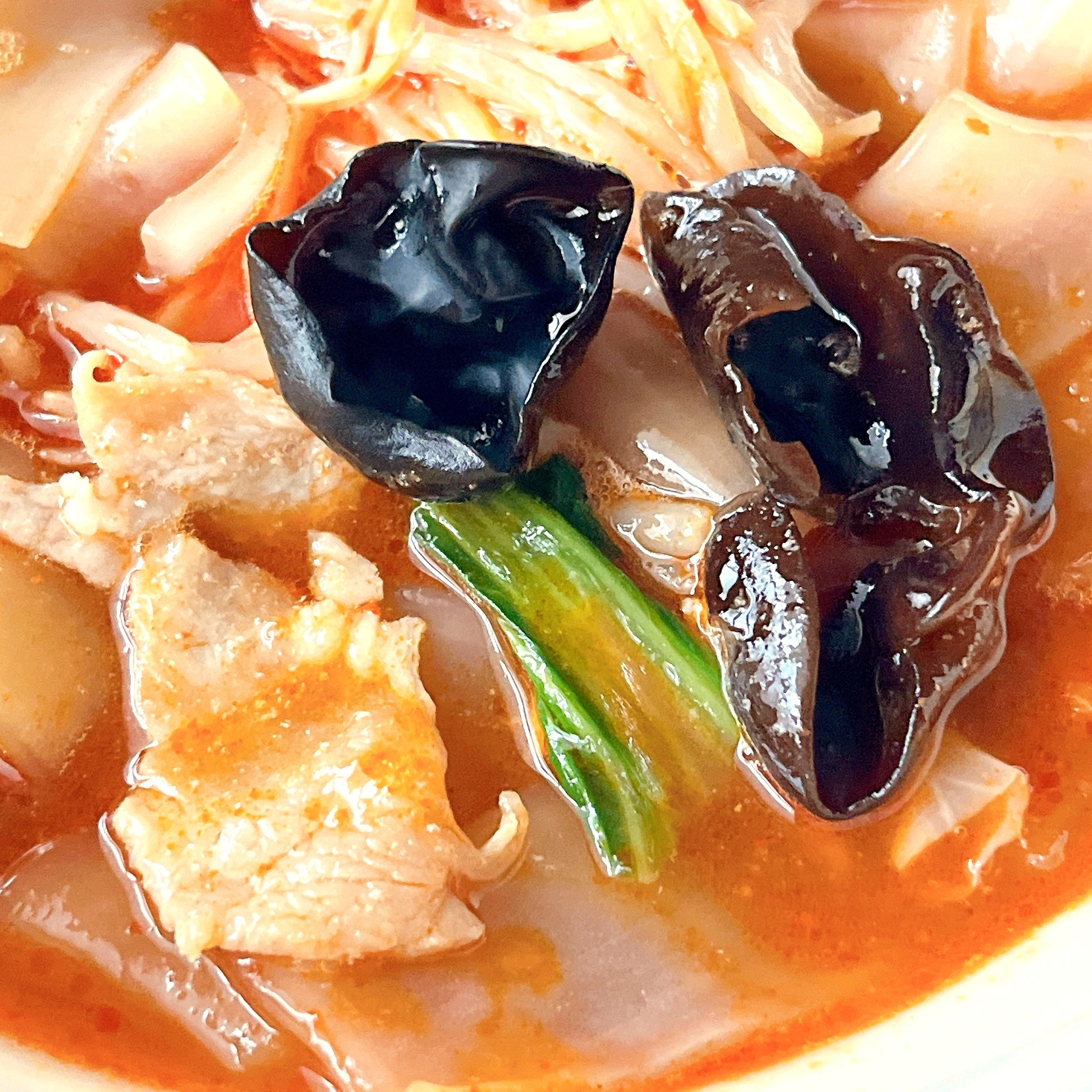 豚肉、キクラゲ、野菜が入ったスープ料理。