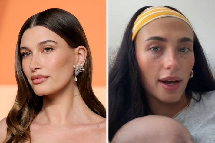 Two side-by-side images of women. Left: A woman with sleek hair and statement earrings. Right: A woman in a headband holding a baby