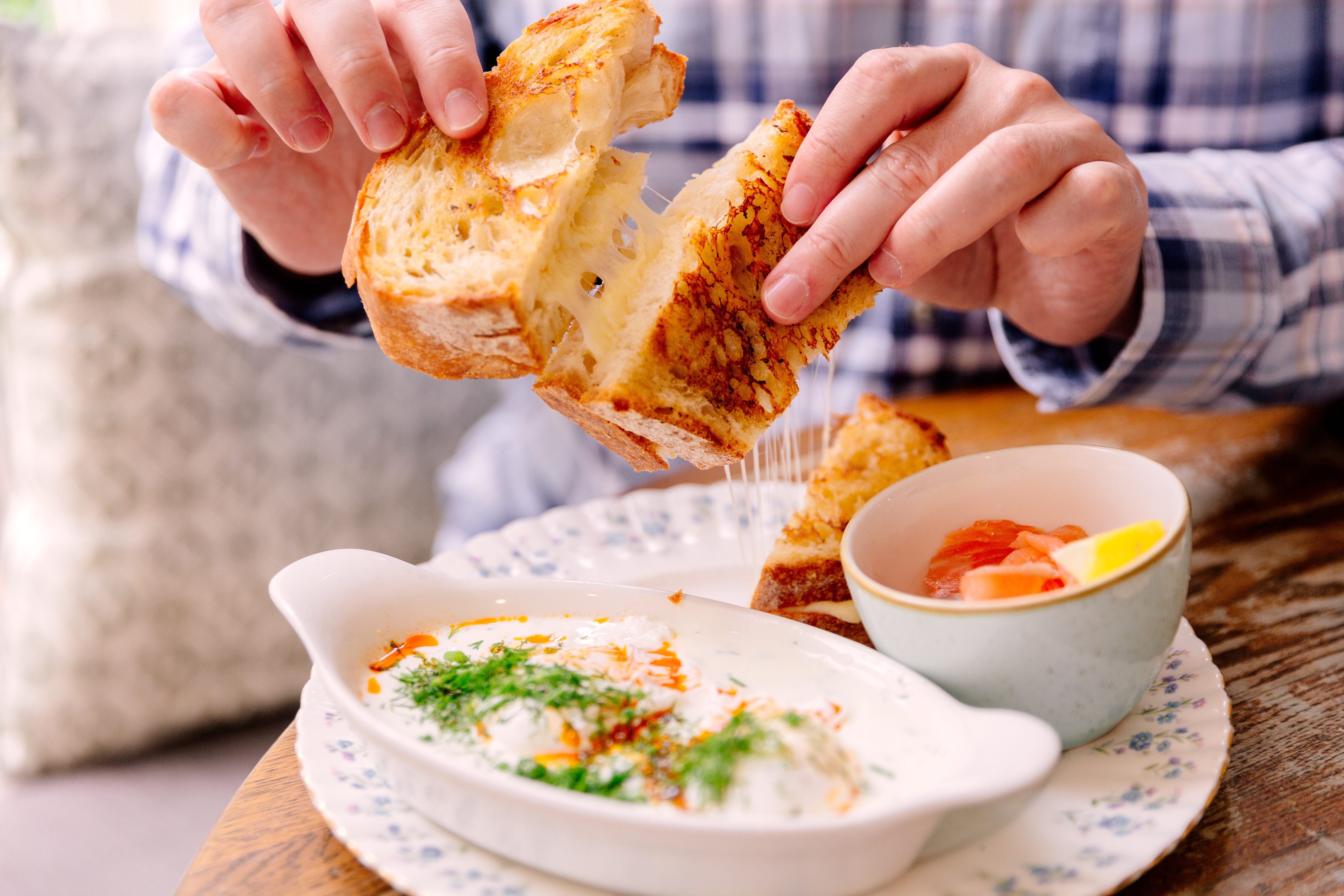 Person enjoying a grilled cheese sandwich with a side of dip and fruit on a patterned plate