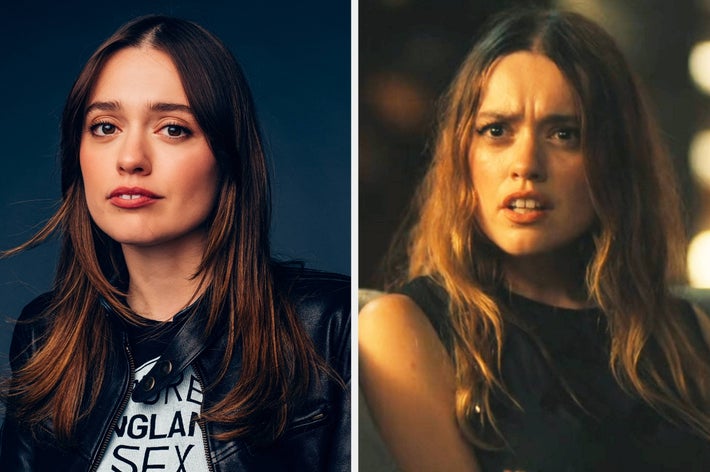 Aimee Lou Wood wearing a leather jacket and smiling for the camera vs. Aimee looking confused as Chelsea in a scene from The White Lotus