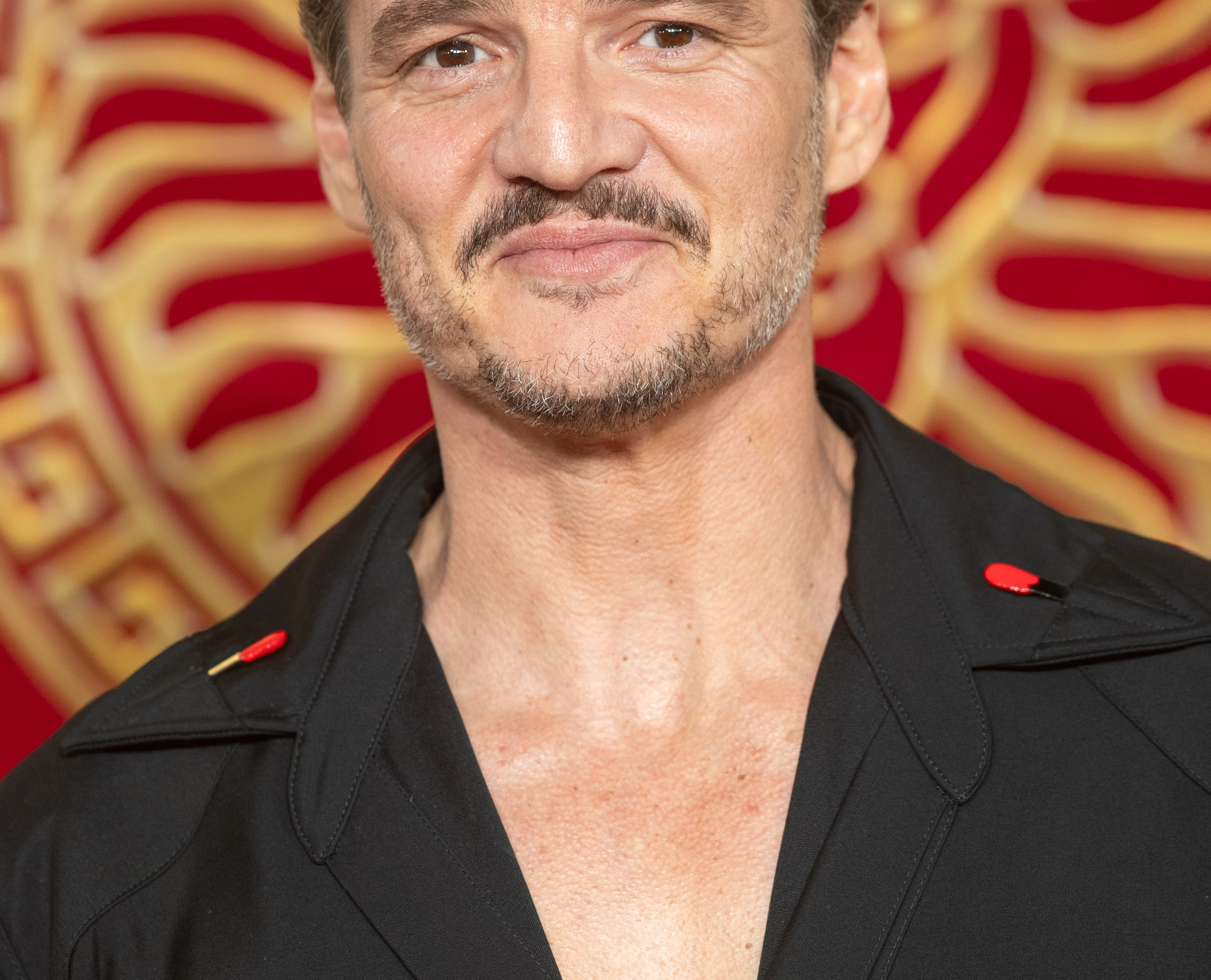 Person in a black open-collar shirt poses at an event with a decorative background