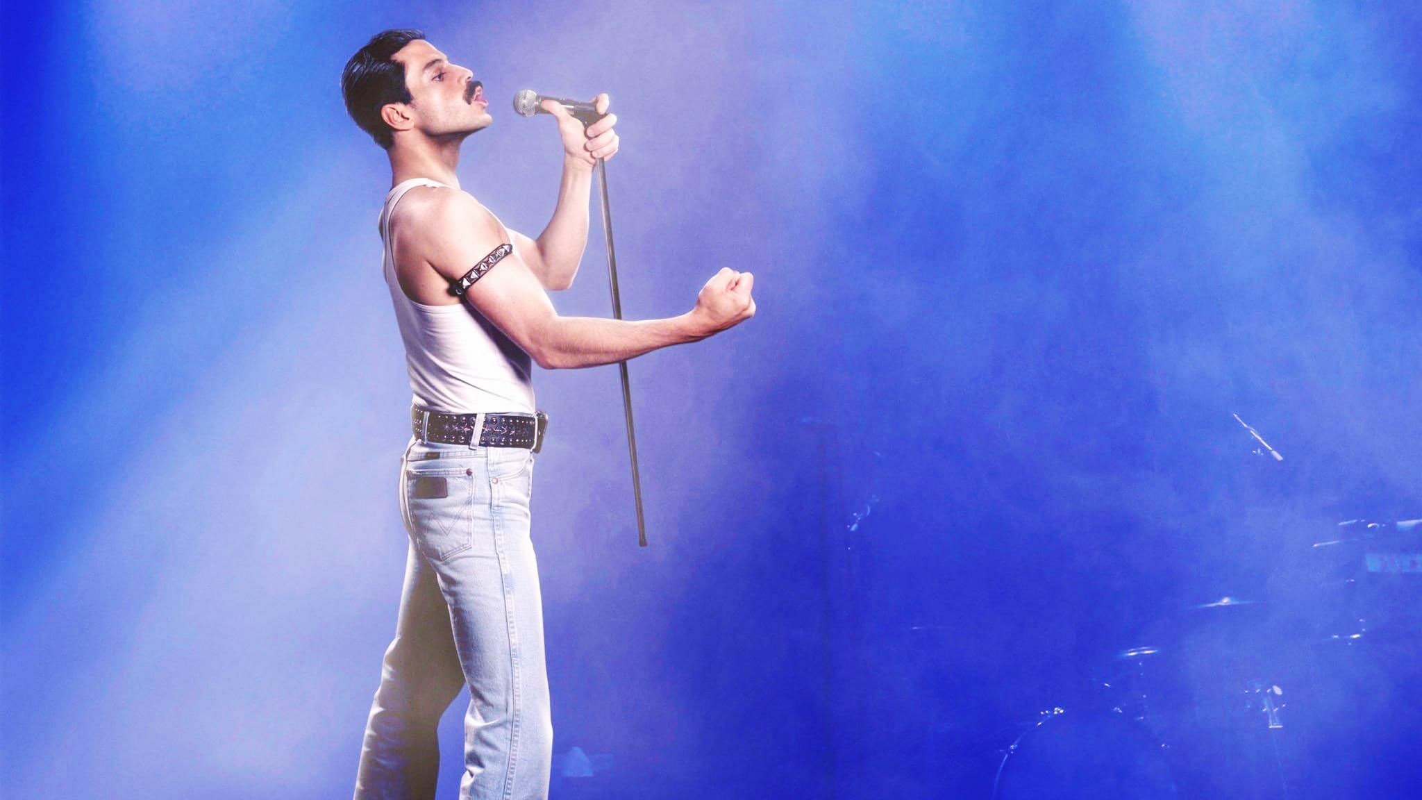 Rami Malek as Freddie Mercury in "Bohemian Rhapsody" performing onstage at Wembley