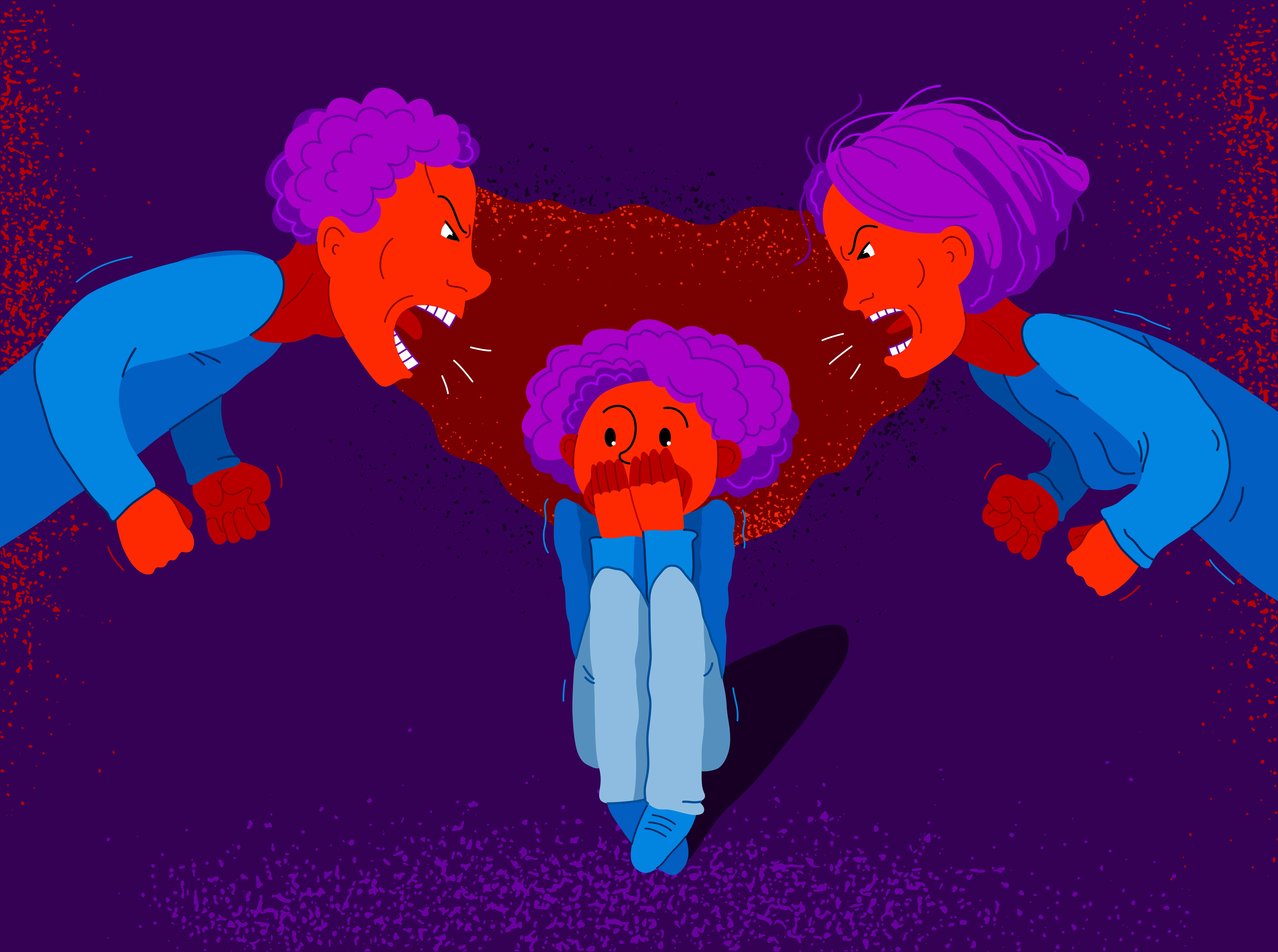 Illustration of a child looking distressed while two large figures angrily yell from both sides. The child is covering their ears in fear