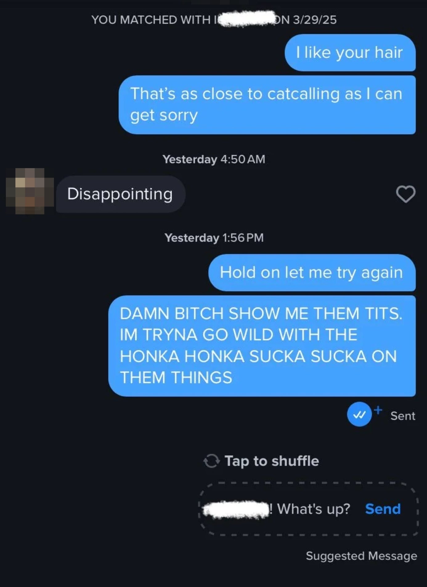 A conversation screenshot showing a dating app exchange with humorous, informal language