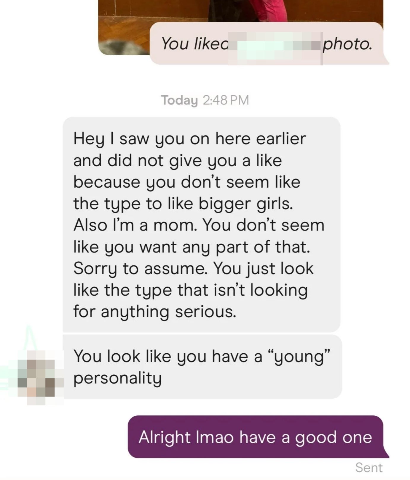 Text exchange where one person says they don't seem interested in someone due to their preferences and not wanting anything serious