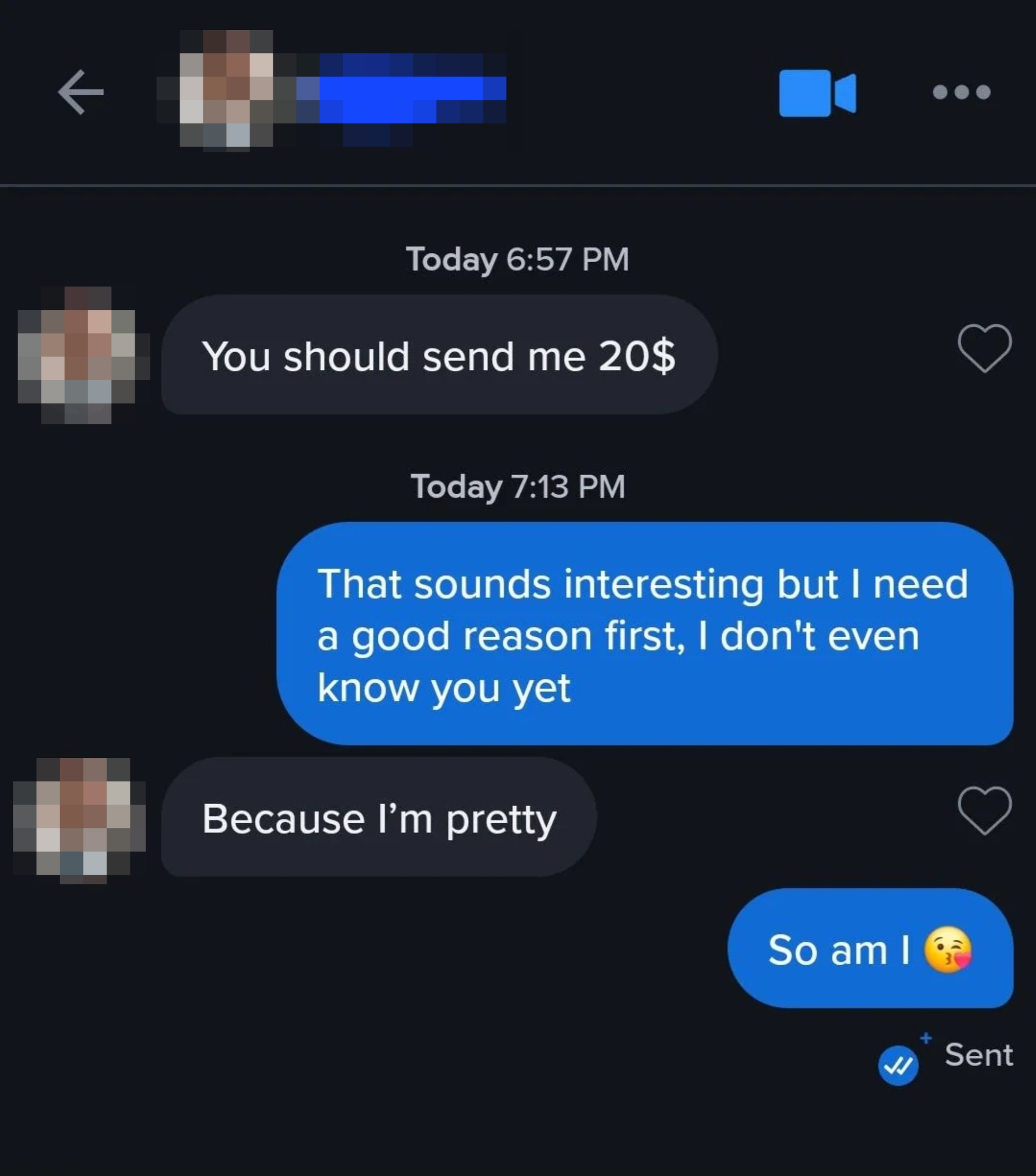Text conversation about sending money. One person says they are pretty; the other responds they are too, with a winking emoji