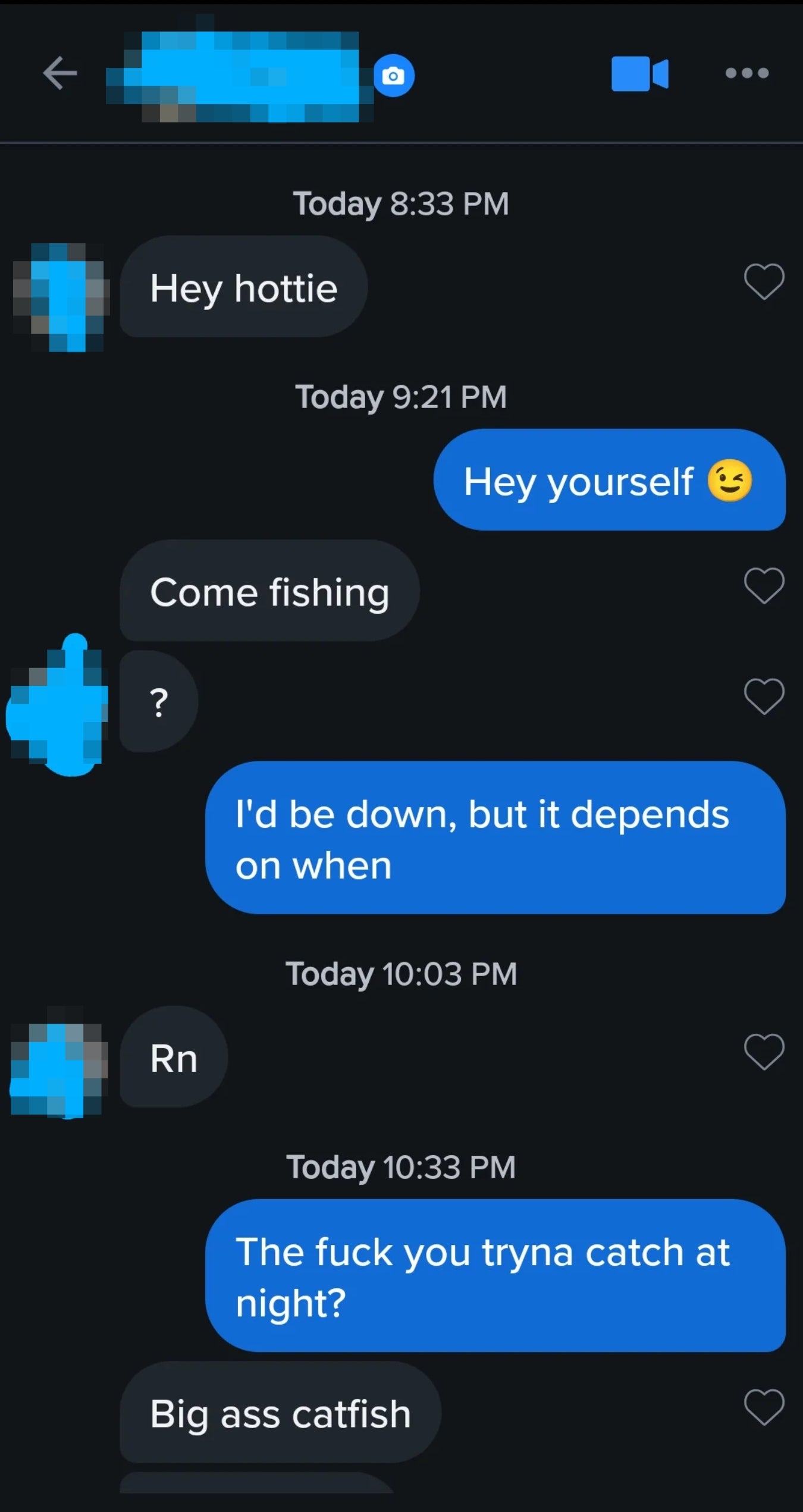 Text conversation about going fishing, with a humorous remark about catching a big catfish