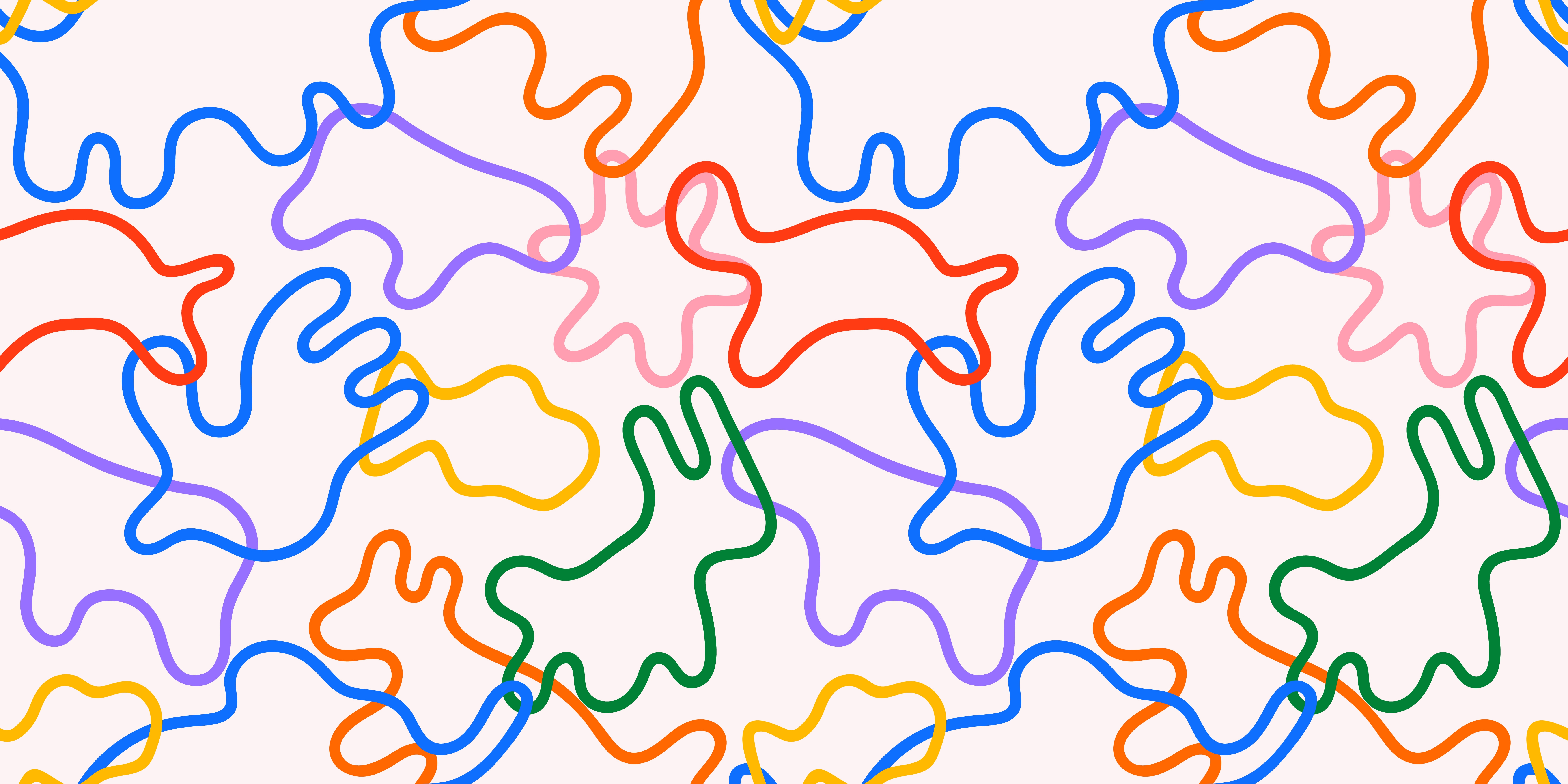 Abstract pattern of interconnected, colorful, wavy outlines resembling animals, creating a playful and dynamic visual effect on a light background