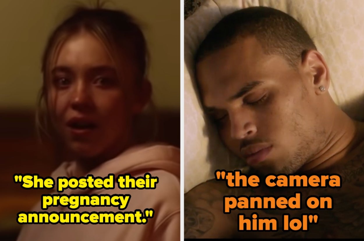 Cassie from Euphoria looking surprised vs Chris Brown sleeping with his head on a pillow in a movie scene