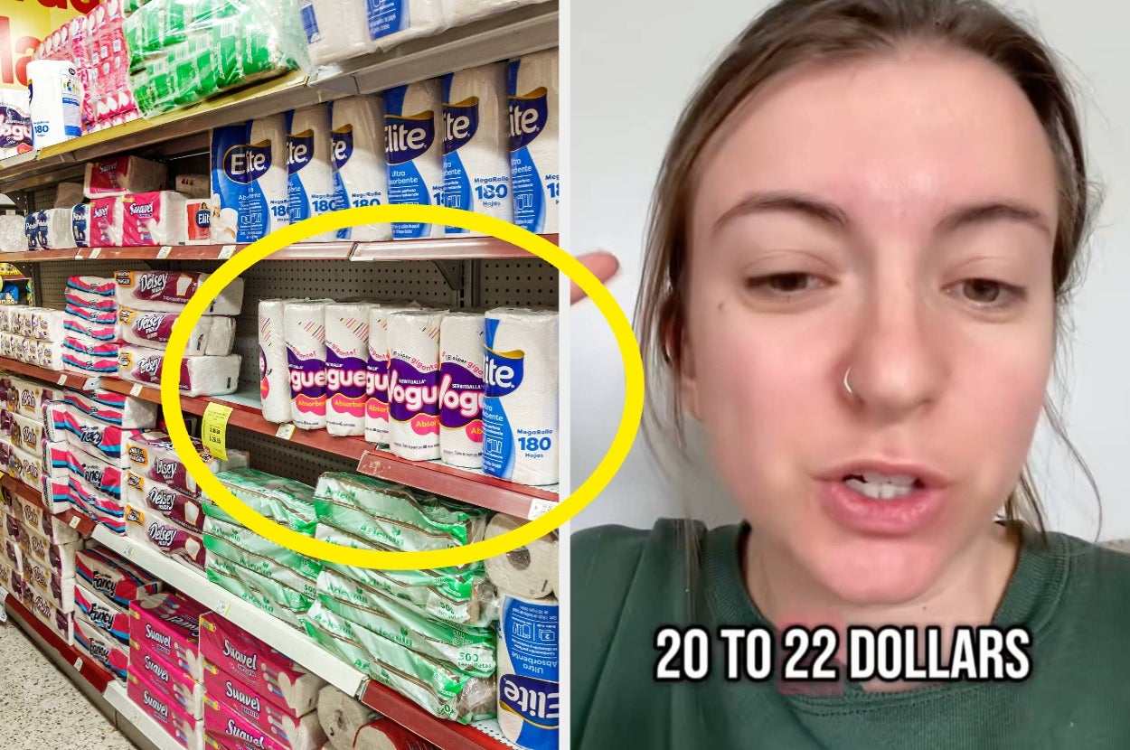 Left: Toilet paper shelves; right: Person discussing price, text reads "20 to 22 dollars."