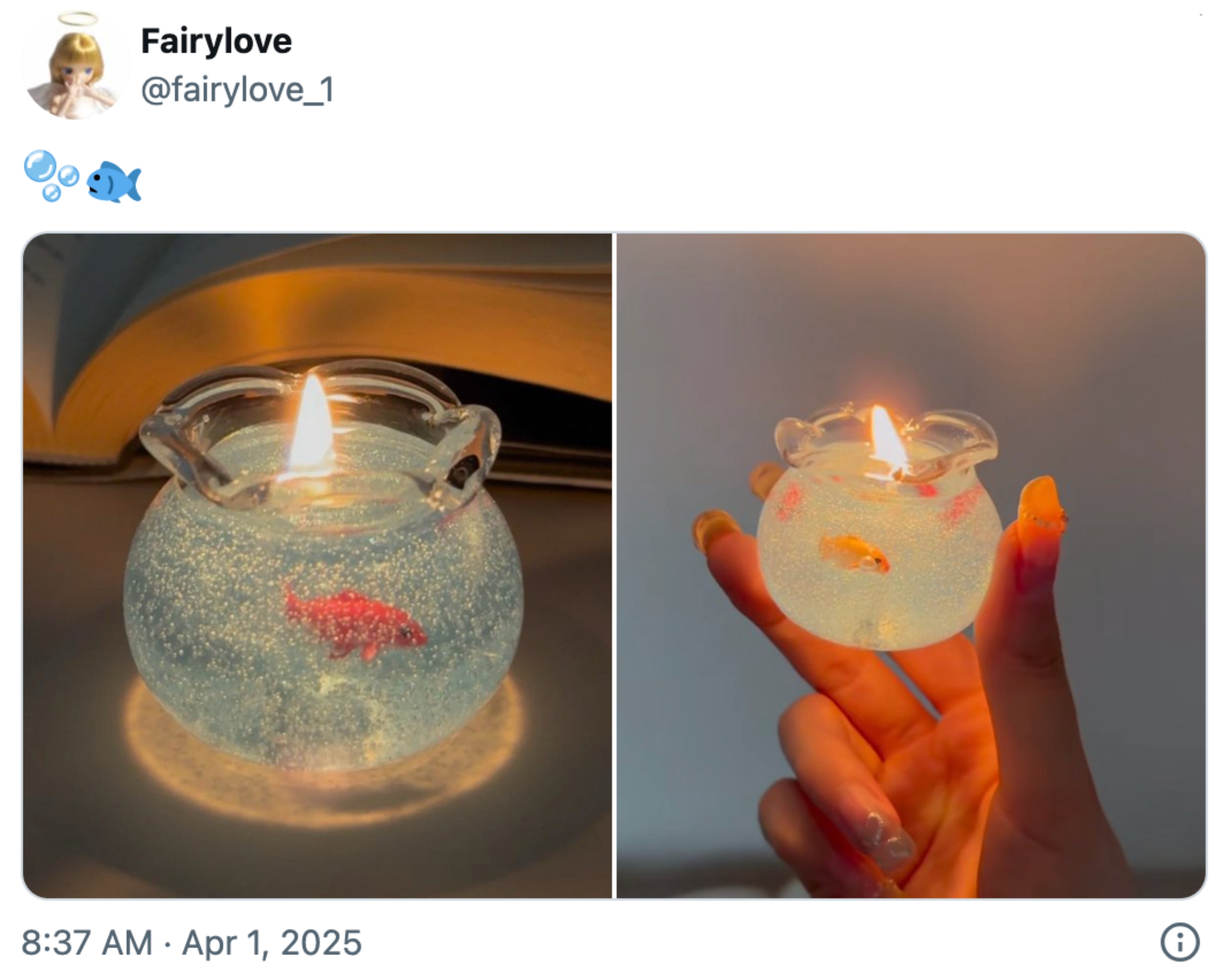 To bilder av et lite stearinlys formet som en rund fiskebolle, med en fiskedesign inni. Lyset er tent og holdt av en hånd i ett bilde