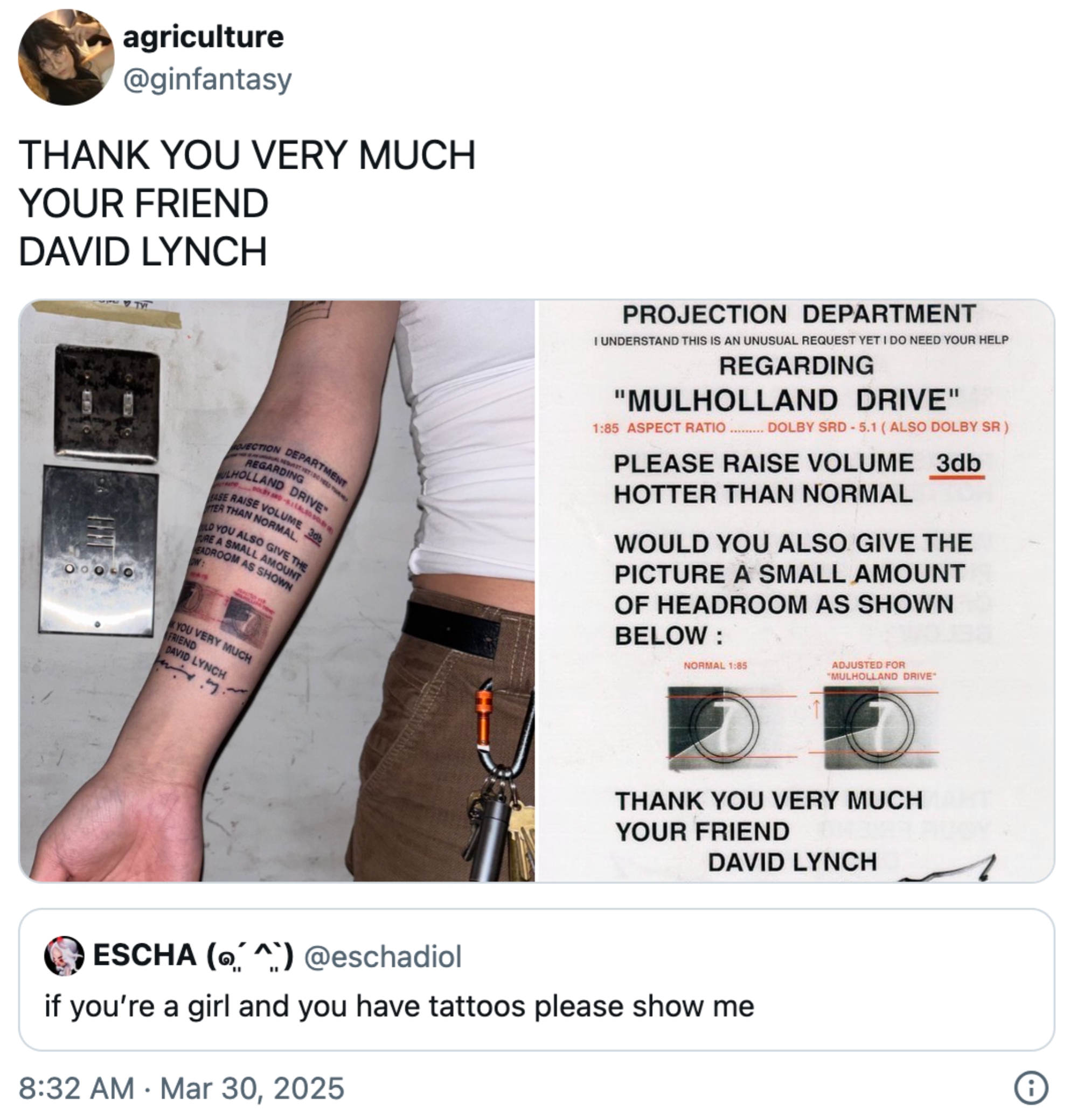 Tweet som viser en humoristisk håndskrevet instruksjon fra David Lynch om å justere TV -innstillinger for & quot; Mulholland Drive. & Quot;