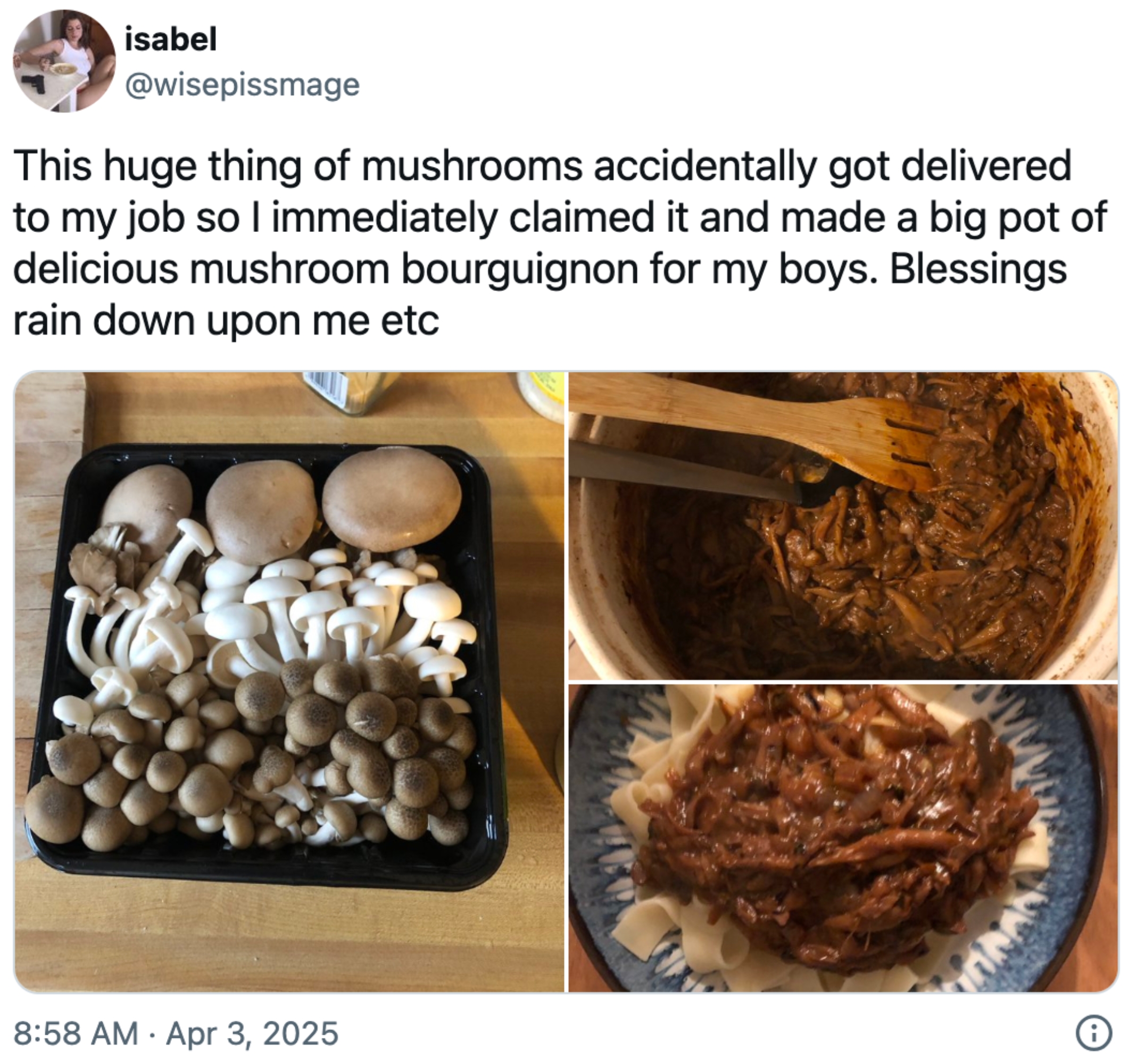 Toppbilde: Ulike sopp i en beholder. Nederst til venstre: Sopp som lager mat i en gryte med treskjeer. Nederst til høyre: kokt soppstuing i en bolle