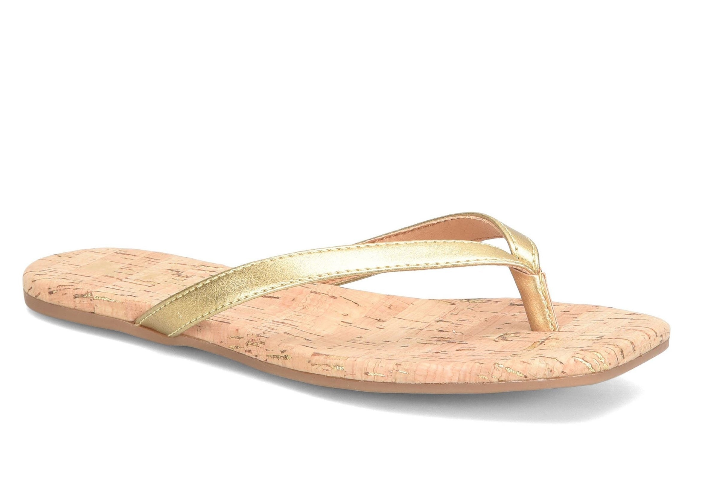 Flip-flop sandal with thin metallic straps and a cork-textured footbed