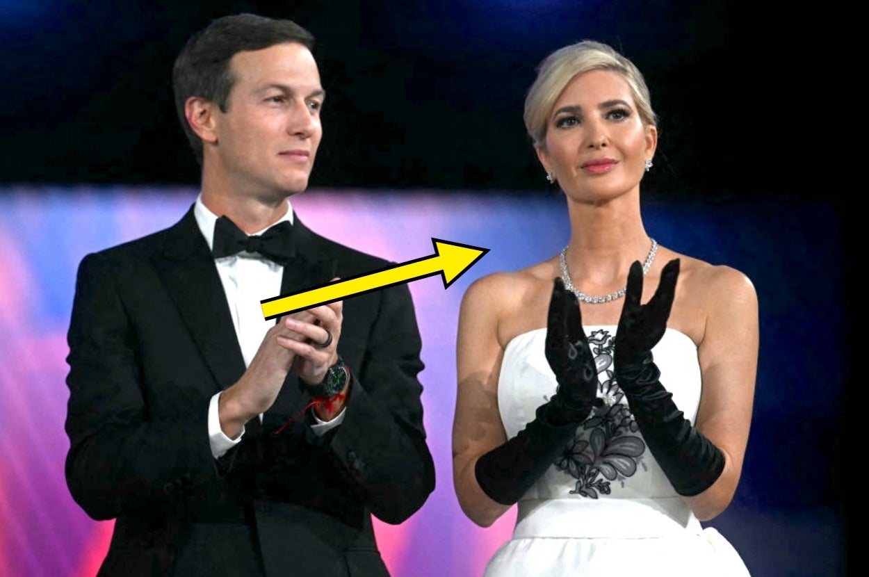 Ivanka Trump and Jared Kushner at the Inaugural Ball; Jared in a black tuxedo and Ivanka in a strapless gown with black gloves, clapping